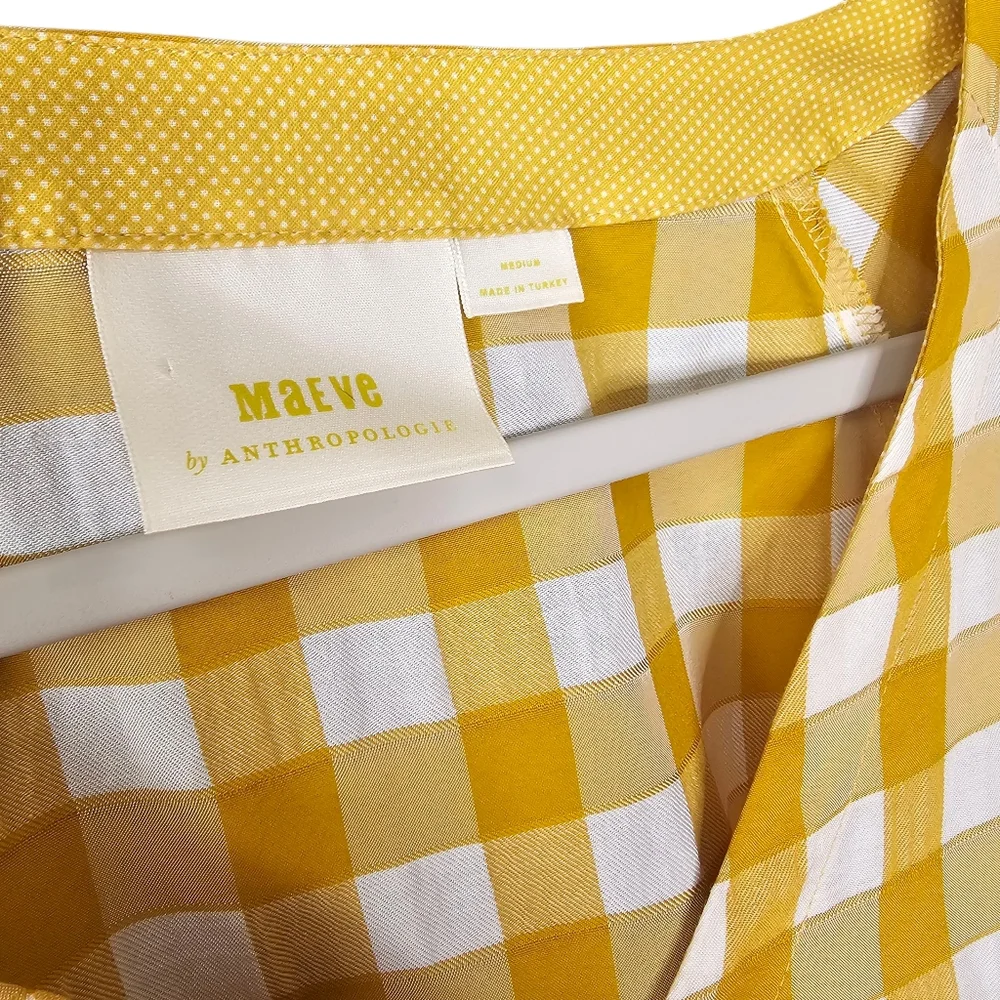 Maeve April Babydoll Gingham Blouse Gold White Button Puff Sleeve V-Neck M